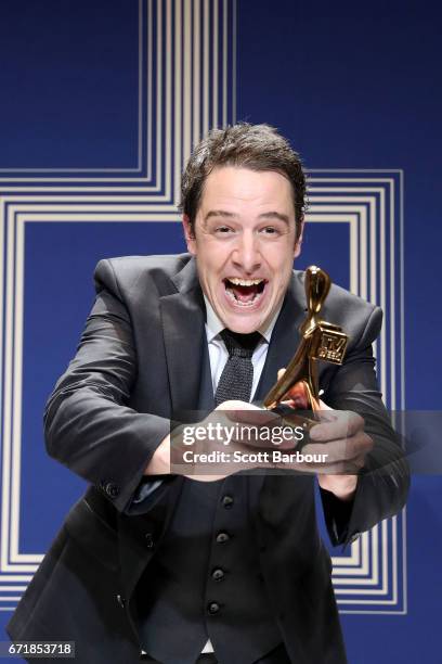 Samuel Johnson poses with the Gold Logie Award for Best Personality On Australian TV during the 59th Annual Logie Awards at Crown Palladium on April...