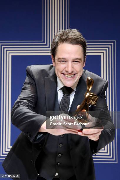 Samuel Johnson poses with the Gold Logie Award for Best Personality On Australian TV during the 59th Annual Logie Awards at Crown Palladium on April...