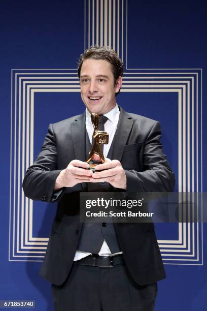 Samuel Johnson poses with the Gold Logie Award for Best Personality On Australian TV during the 59th Annual Logie Awards at Crown Palladium on April...