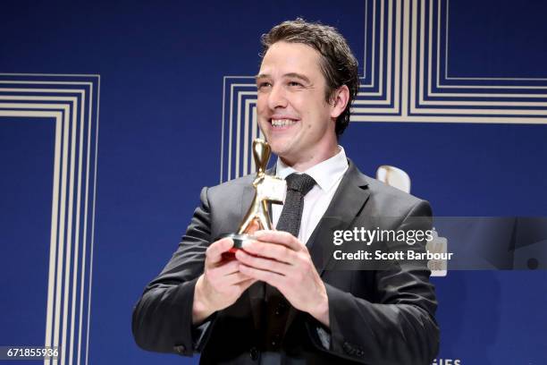 Samuel Johnson poses with the Gold Logie Award for Best Personality On Australian TV during the 59th Annual Logie Awards at Crown Palladium on April...