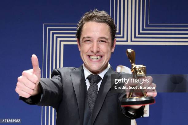 Samuel Johnson poses with the Gold Logie Award for Best Personality On Australian TV during the 59th Annual Logie Awards at Crown Palladium on April...
