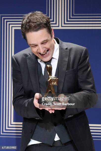 Samuel Johnson poses with the Gold Logie Award for Best Personality On Australian TV during the 59th Annual Logie Awards at Crown Palladium on April...