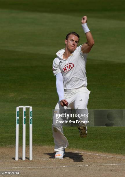Surrey bowler Tom Curran in action during day three of the Specsavers County Championship: Division One between Warwickshire and Surrey at Edgbaston...