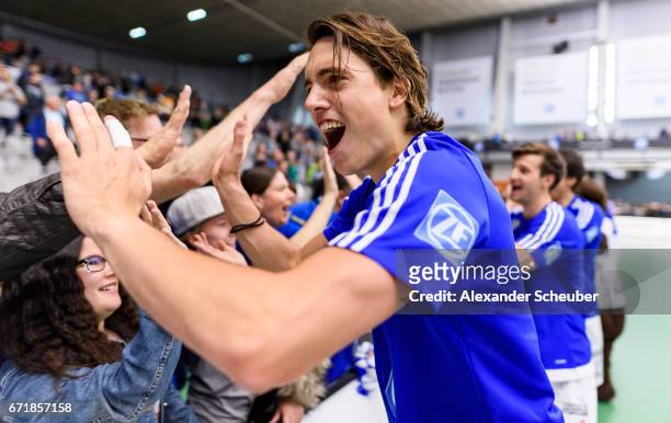 The players of Friedrichshafen celebrate the victory against Berlin during the Volleyball final playoffs match 1 between VFB Friedrichshafen and...