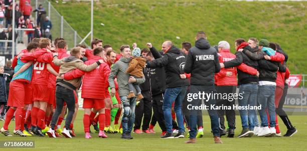 Team of Zwickau celebrates the victory during the Third League match between FSV Zwickau and Fortuna Koeln on April 23, 2017 at Stadion Zwickau in...