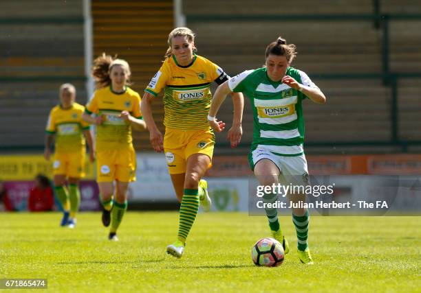 Lucy Quinn of Yeovil Town Ladies beats Gemma Bonner of Liverpool Ladies FC to the ball during the WSL Spring Series Match between Yeovil Town Ladies...