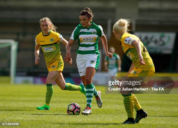 Nia Jones of Yeovil Town Ladies attempts to pass The Liverpool Ladies FC defence during the WSL Spring Series Match between Yeovil Town Ladies and...