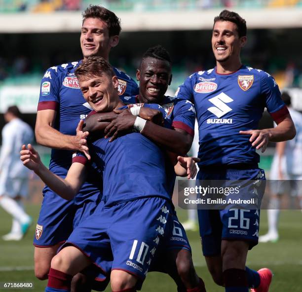 Adem Ljajic of Torino FC celebrates with his team-mates after scoring the opening goal during the Serie A match between AC ChievoVerona and FC Torino...