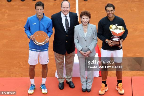 First-placed Spain's tennis player Rafael Nadal and second-placed Spain's tennis player Albert Ramos-Vinolas hold their trophies as they pose with...