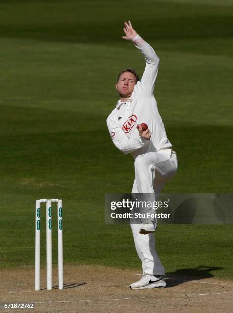 Surrey bowler Gareth Batty in action during day three of the Specsavers County Championship: Division One between Warwickshire and Surrey at...