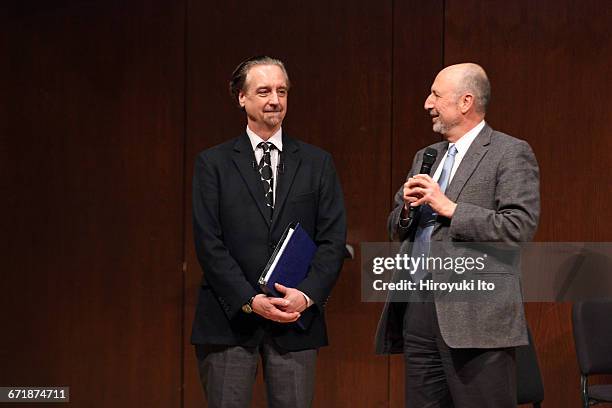 David Finckel Master Class at Juilliard School's Paul Hall on Monday afternoon, March 21, 2016. This image: David Finckel, left, and Ara Guzelimian.