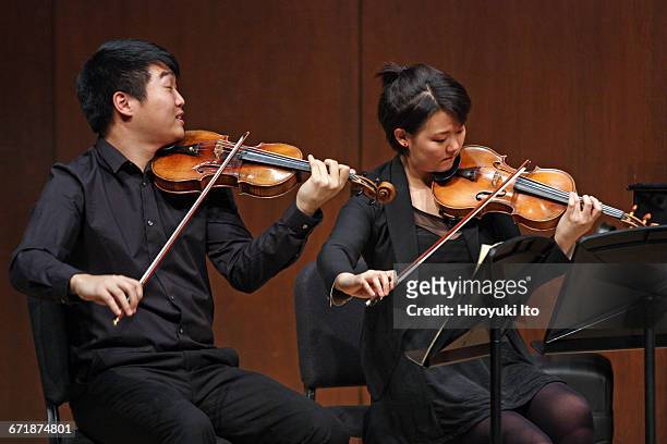 David Finckel Master Class at Juilliard School's Paul Hall on Monday afternoon, March 21, 2016. This image: Nova Quartet. From left, David Chang and...