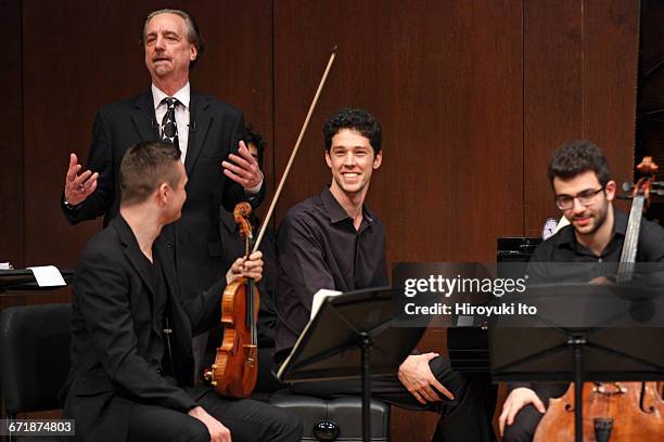 David Finckel Master Class at Juilliard School's Paul Hall on Monday afternoon, March 21, 2016. This image: With Zelda Quartet. From left, Philip...