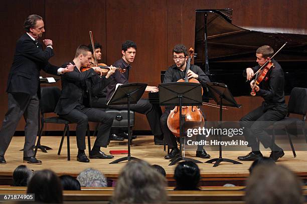 David Finckel Master Class at Juilliard School's Paul Hall on Monday afternoon, March 21, 2016. This image: Zelda Quartet. From left, David Finckel,...