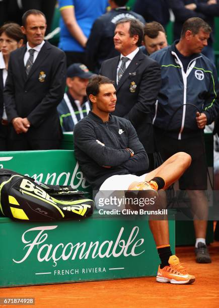 Rafael Nadal of Spain relaxes before the trophy presentation after his straight set victory against Albert Ramos-Vinolas of Spain in the final on day...