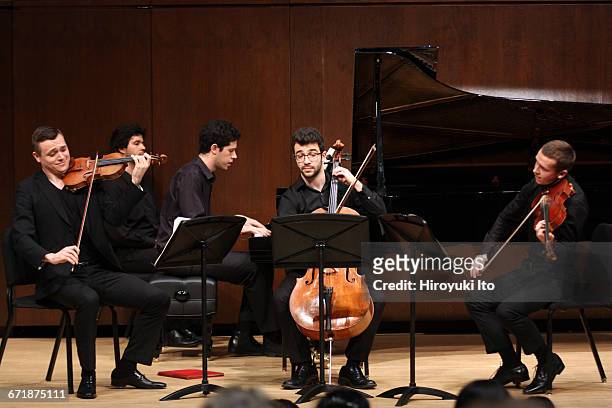 David Finckel Master Class at Juilliard School's Paul Hall on Monday afternoon, March 21, 2016. This image: Zelda Quartet. From left, Philip...