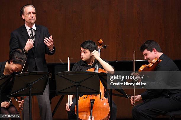 David Finckel Master Class at Juilliard School's Paul Hall on Monday afternoon, March 21, 2016. This image: With Nova Quartet. From left, Katherine...