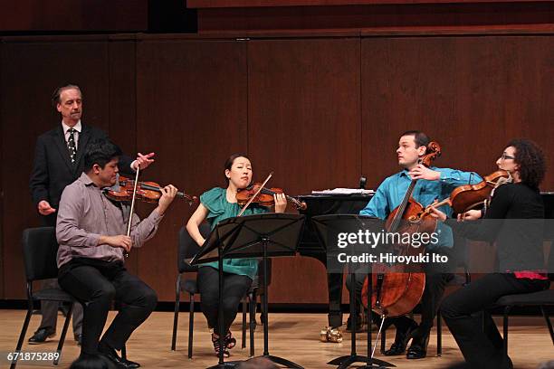 David Finckel Master Class at Juilliard School's Paul Hall on Monday afternoon, March 21, 2016. This image: With Verona String Quartet. From left,...