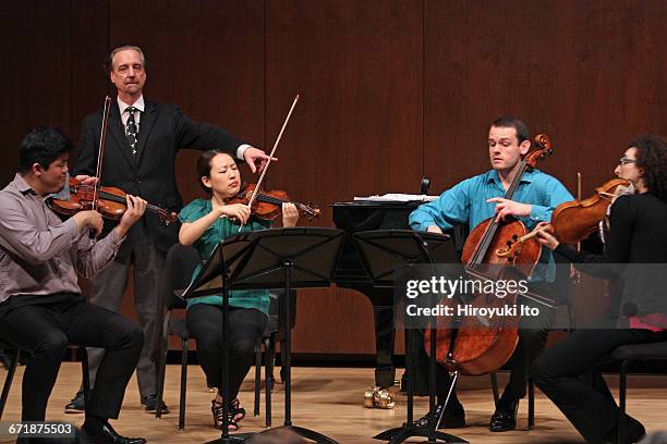 David Finckel Master Class at Juilliard School's Paul Hall on Monday afternoon, March 21, 2016. This image: With Verona String Quartet. From left,...