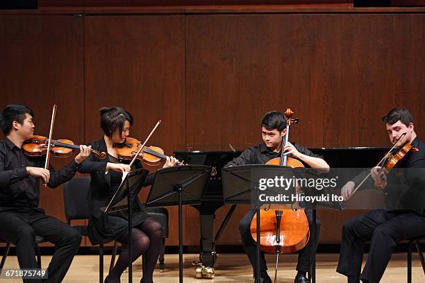 David Finckel Master Class at Juilliard School's Paul Hall on Monday afternoon, March 21, 2016. This image: Nova Quartet. From left, David Chang,...