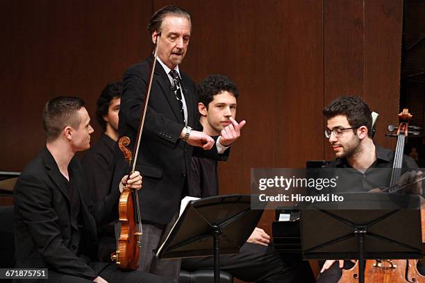 David Finckel Master Class at Juilliard School's Paul Hall on Monday afternoon, March 21, 2016. This image: With Zelda Quartet. From left, Philip...