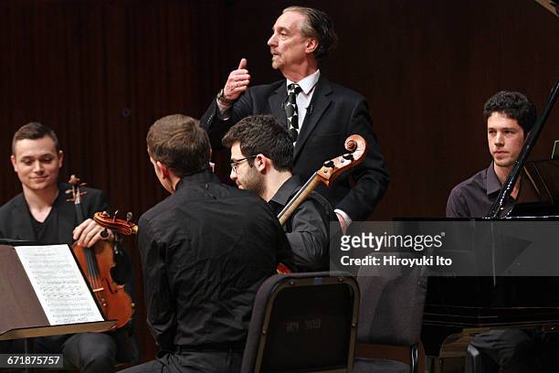 David Finckel Master Class at Juilliard School's Paul Hall on Monday afternoon, March 21, 2016. This image: Zelda Quartet. From left, Philip...