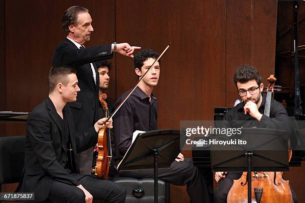 David Finckel Master Class at Juilliard School's Paul Hall on Monday afternoon, March 21, 2016. This image: With Zelda Quartet. From left, Philip...