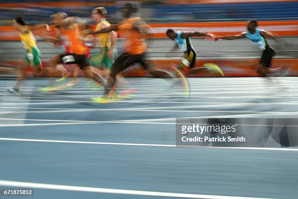 Athletes compete in heat one of the Men's 4 x 100 Meters Relay during the IAAF/BTC World Relays Bahamas 2017 at Thomas Robinson Stadium on April 22,...