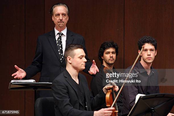 David Finckel Master Class at Juilliard School's Paul Hall on Monday afternoon, March 21, 2016. This image: With Zelda Quartet. From left, David...