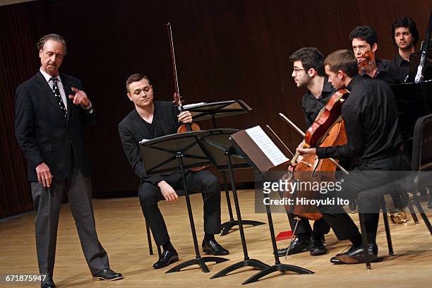 David Finckel Master Class at Juilliard School's Paul Hall on Monday afternoon, March 21, 2016. This image: Zelda Quartet. From left, David Finckel,...