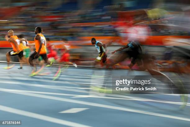 Athletes compete in heat one of the Men's 4 x 100 Meters Relay during the IAAF/BTC World Relays Bahamas 2017 at Thomas Robinson Stadium on April 22,...