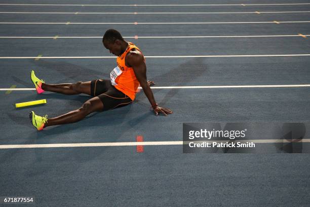 Solomon Bockarie of the Netherlands reacts after losing in the 4x100 Metres Relay Men's Final during the IAAF/BTC World Relays Bahamas 2017 at Thomas...