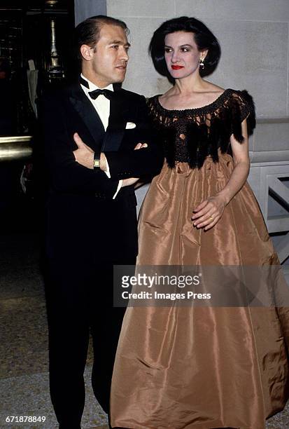 Paloma Picasso and husband Rafael Lopez-Sanchez attend the Annual Costume Institute Exhibition Gala at the Metropolitan Museum of Art circa 1986 in...