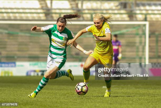 Lucy Quinn of Yeovil Town Ladies and Alex Greenwood of Liverpool Ladies FC in action during the WSL Spring Series Match between Yeovil Town Ladies...