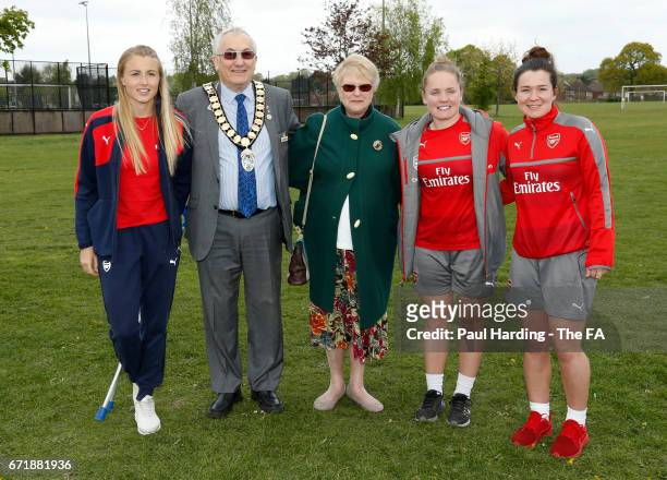 Leah Williamson, Kim Little and Emma Mitchell with the Mayor of Elstree and Borehamwood Clive Butchins during Arsenal Ladies Family Festival and Open...