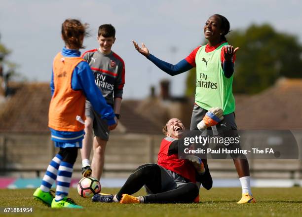 Sari van Veenendaal and Danielle Carter during Arsenal Ladies Family Festival and Open Training Session at Meadow Park on April 23, 2017 in...