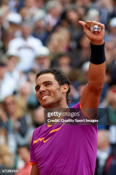 Rafael Nadal of Spain celebrates winning during his match against Albert Ramos-Vinolas of Spain in the final during day eight of the ATP Monte Carlo...