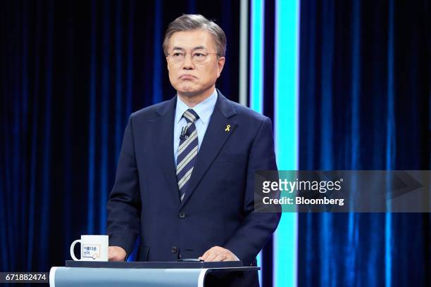 Moon Jae-in, presidential candidate of the Democratic Party of Korea, looks on during a televised presidential debate in Seoul, South Korea, on...
