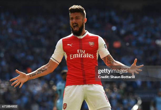 Olivier Giroud of Arsenal celebrates after his side's first goal by Nacho Monreal during the Emirates FA Cup Semi-Final match between Arsenal and...