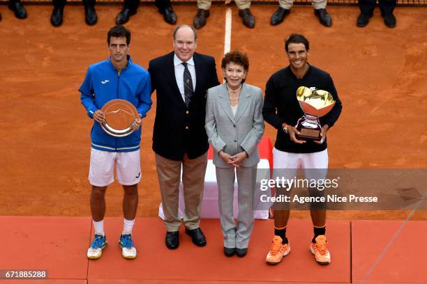 Albert Ramos Vinolas of Spain and Rafael Nadal of Spain and Prince Albert of Monaco and Elisabeth Anne de Massy during the Final of the Monte Carlo...