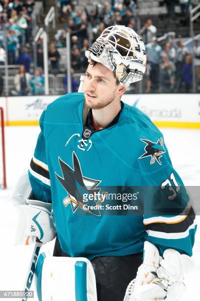 Martin Jones of the San Jose Sharks looks after the Sharks win against the Edmonton Oilers in Game Four of the Western Conference First Round during...