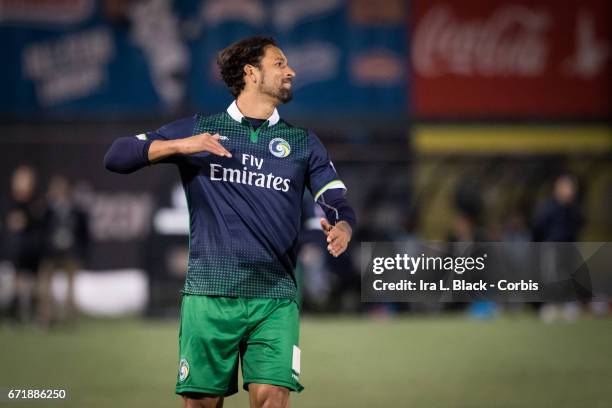 Forward Amauri of the New York Cosmos reacts to a missed shot on goal during the NASL match between the New York Cosmos and Jacksonville Armada FC on...