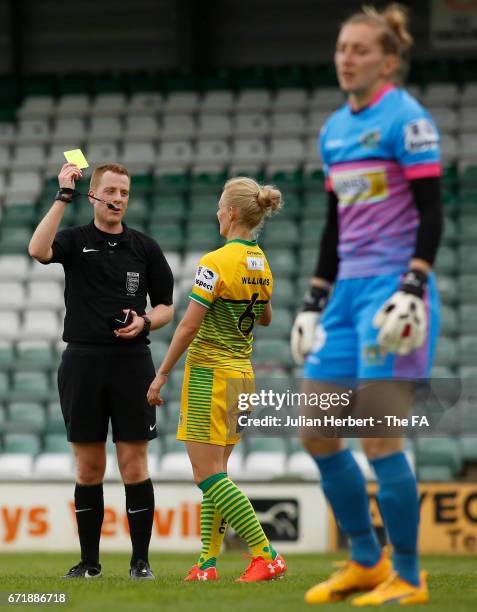 Sophie Ingle of Liverpool Ladies FC is shown a yellow card during the WSL Spring Series Match between Yeovil Town Ladies and Liverpool Ladies at...