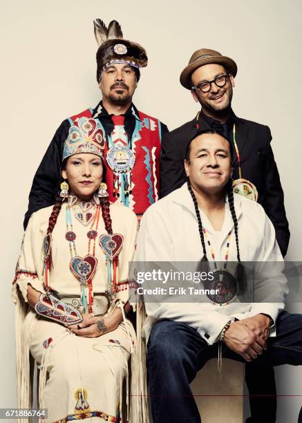 Floris White Bull, Doug Good Feather, Doug Good Feather, and Josh Fox from 'Awake, A Dream From Standing Rock' pose at the 2017 Tribeca Film Festival...