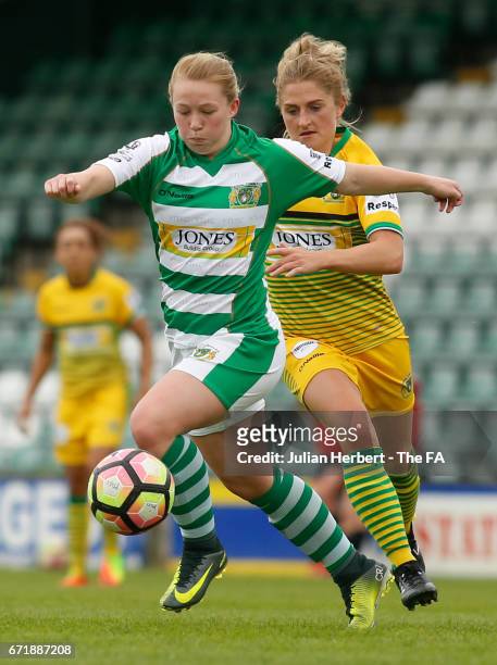 Jessie Jones of Yeovil Town Ladies beats Laura Coobs of Liverpool Ladies FC to the ball during the WSL Spring Series Match between Yeovil Town Ladies...
