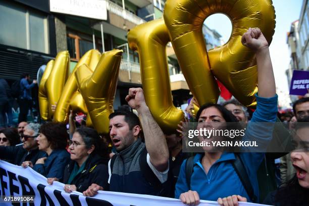 Demonstrators hold balloons reading "No" and placards reading "Referendum should be cancelled" during a protest at the Kadikoy district in Istanbul...