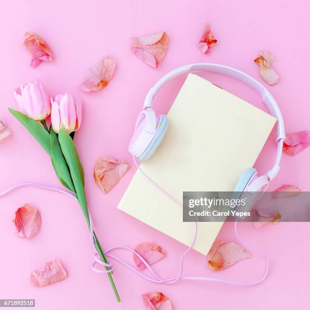 flat lay mockup book with headphones and tulips and petals.pink background - romance book covers fotografías e imágenes de stock