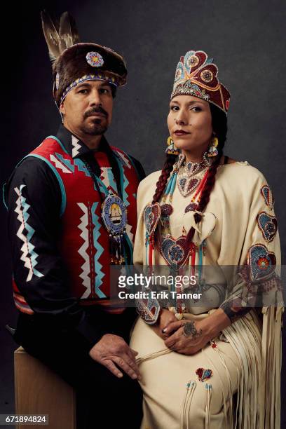 Doug Good Feather and Floris White Bull from 'Awake, A Dream From Standing Rock' pose at the 2017 Tribeca Film Festival portrait studio on on April...
