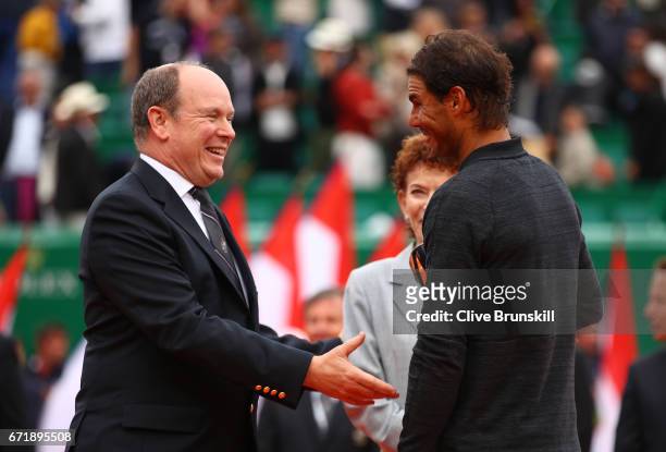Rafael Nadal of Spain talks to Prince Albert ll of Monaco after his straight set victory against Albert Ramos-Vinolas of Spain in the final on day...