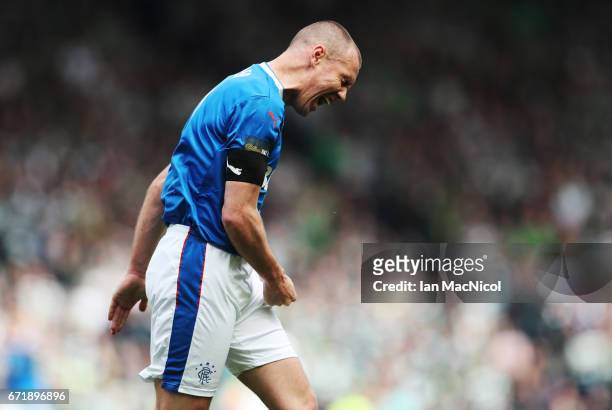 Kenny Miller of Rangers reacts during the William Hill Scottish Cup semi-final match between Celtic and Rangers at Hampden Park on April 23, 2017 in...